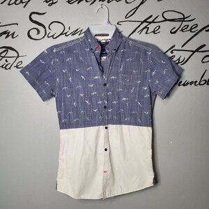 Tranquility and Mayhem Button Up Short Sleeve Casual Camp Shark Print Shirt